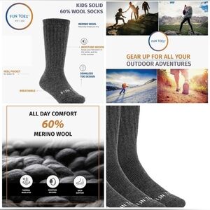 Nwt 3 Pair Merino Wool Fun Toes Kids Socks Cushioned Skiing Winter Snow Hiking